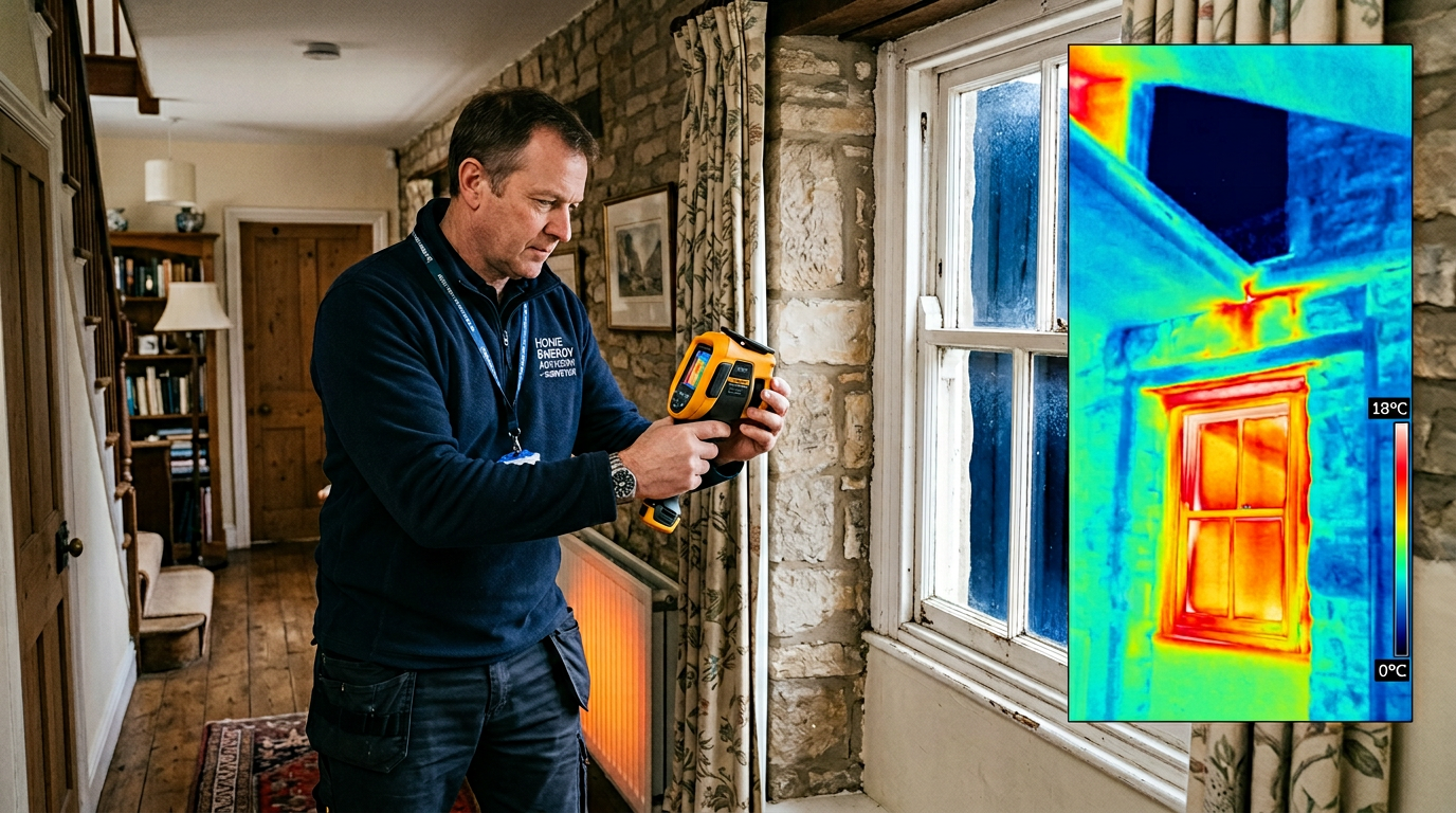 Surveyor using thermal imaging camera to reveal heat loss through walls and windows of an older English home