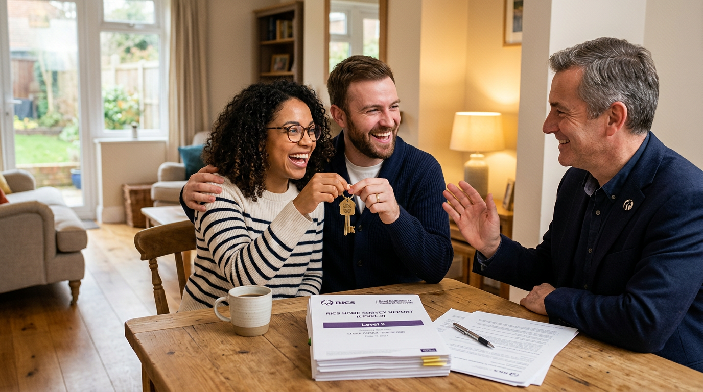 First-time buyer couple receiving their RICS homebuyer report and house keys