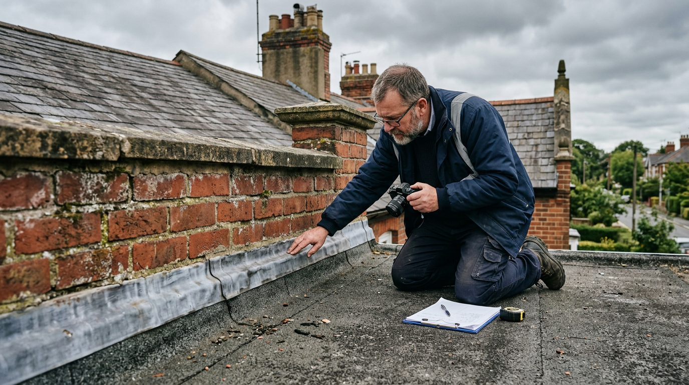 Building surveyor inspecting a flat roof on a period house in East Sussex, checking felt membrane and flashings