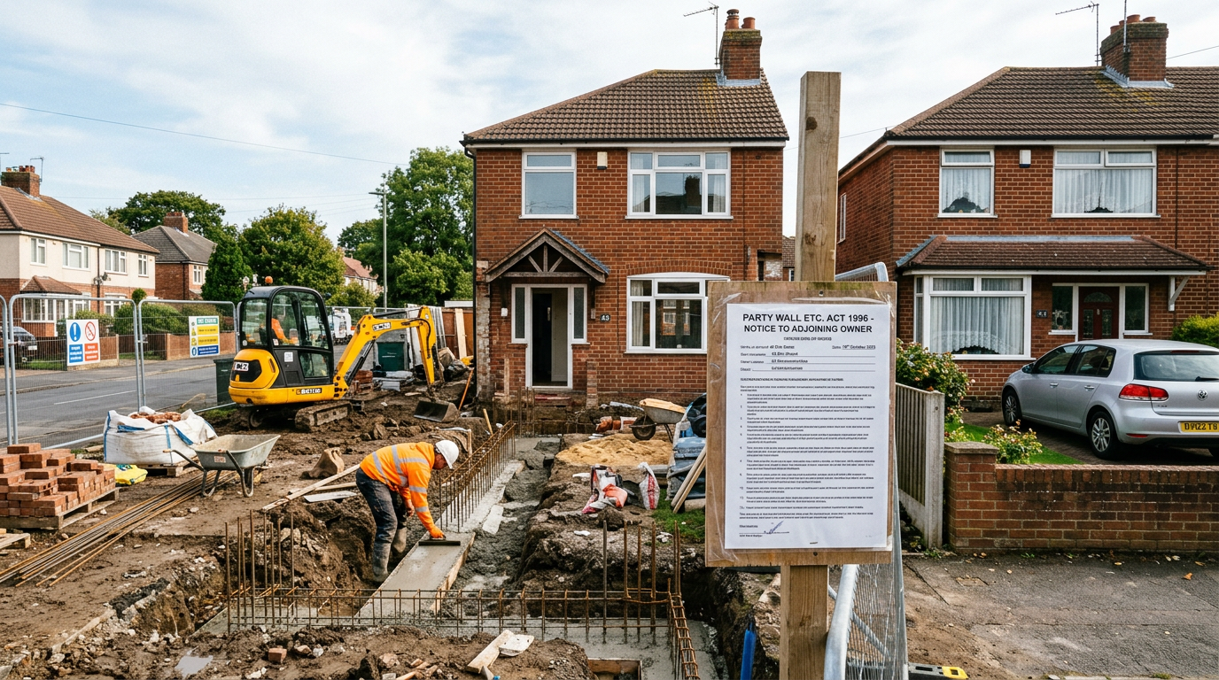 Home extension construction in progress on a traditional East Sussex property with surveyor conducting inspection