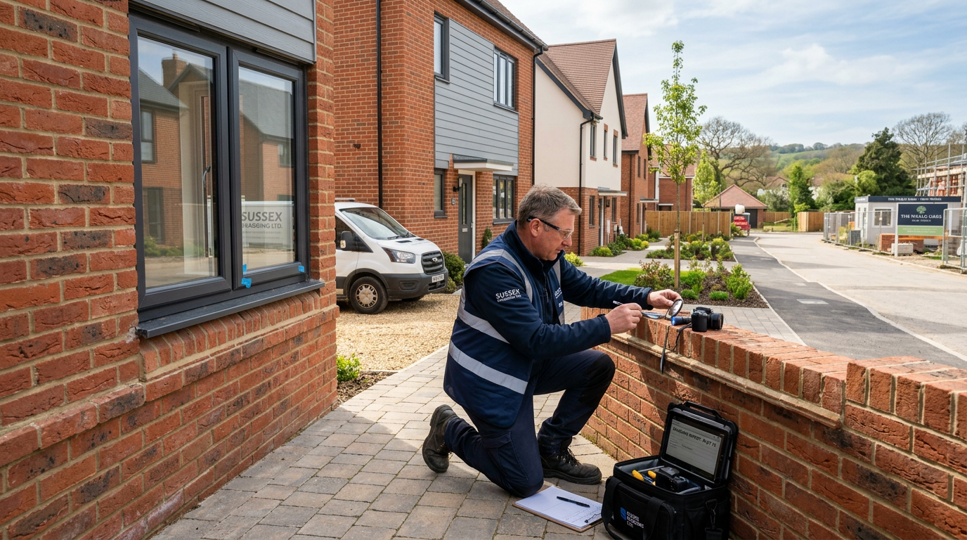 Professional snagging surveyor inspecting defects on a new build house in East Sussex