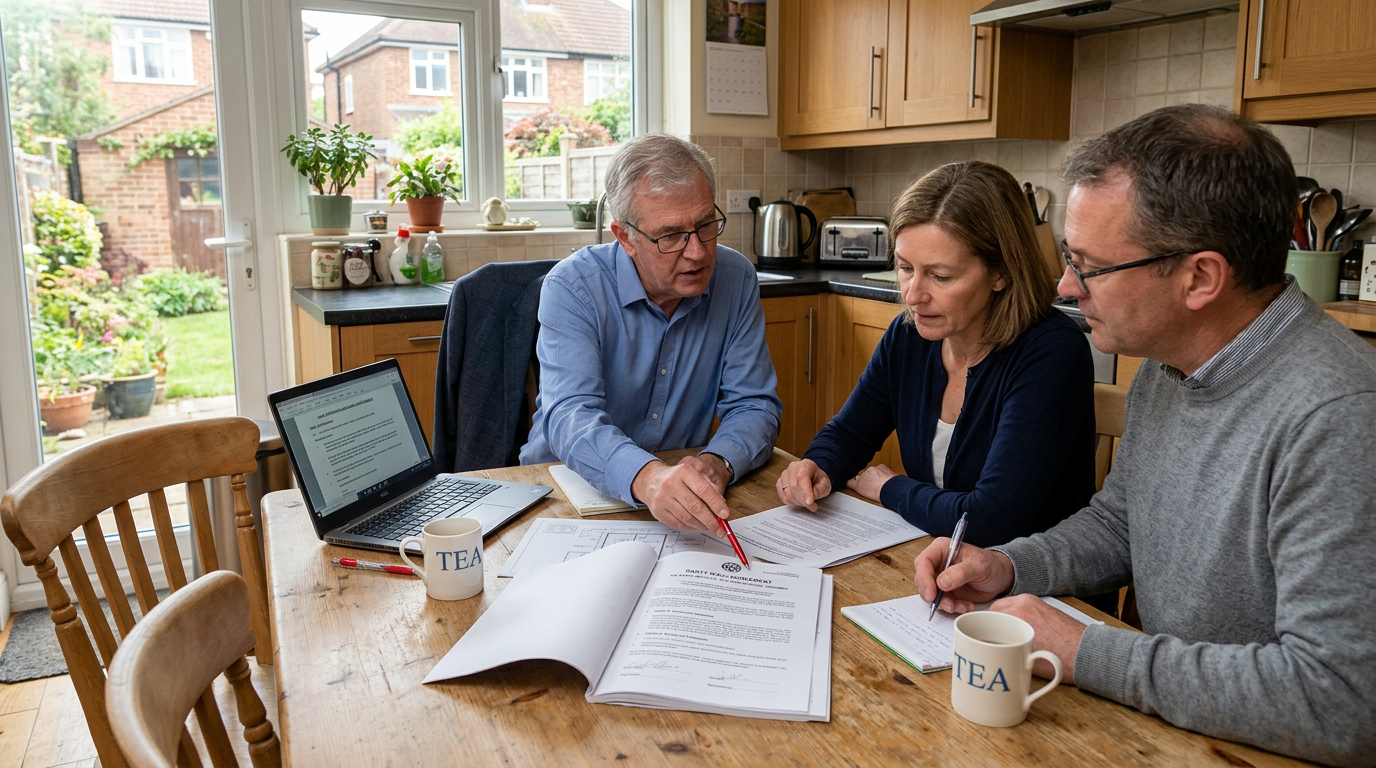 Party wall surveyor discussing an agreement with neighbouring homeowners