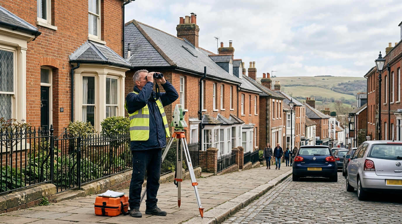 Building surveyor inspecting the roof of a Victorian terrace in East Sussex