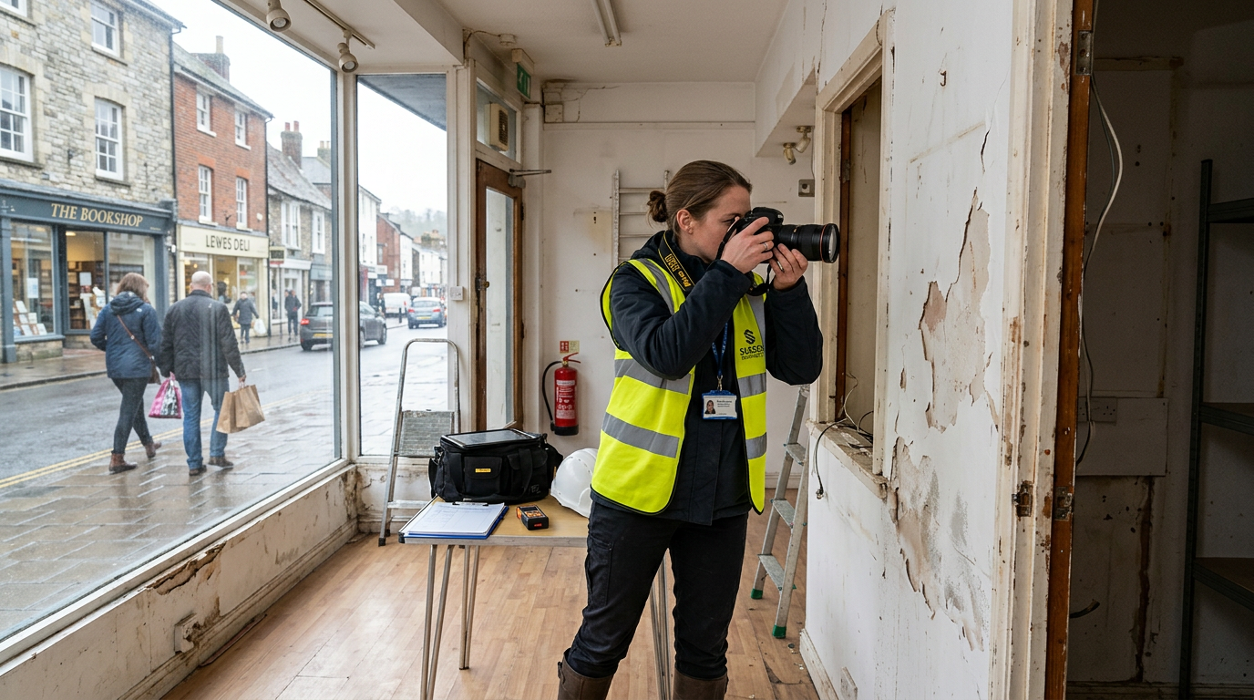 Surveyor documenting a schedule of condition survey in a commercial property
