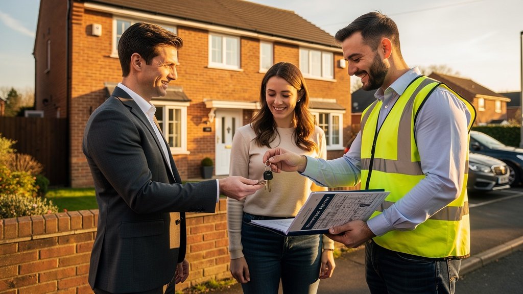 Happy couple receiving their first home keys and survey report