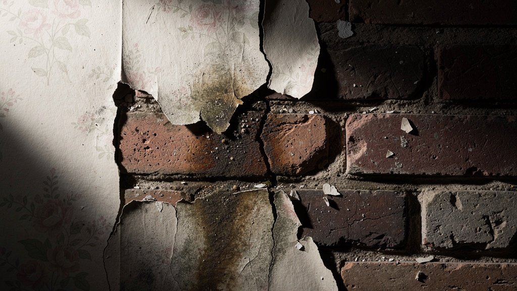 Damp patches and wall cracks in a Victorian property interior highlighting building defects