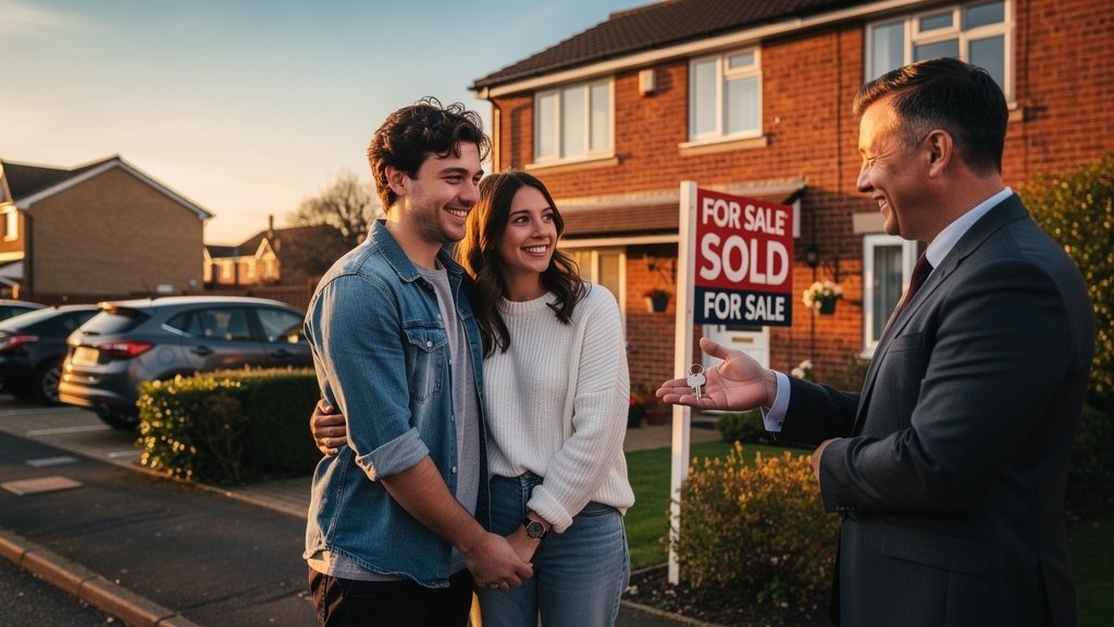 First-time buyers celebrating with their new home keys