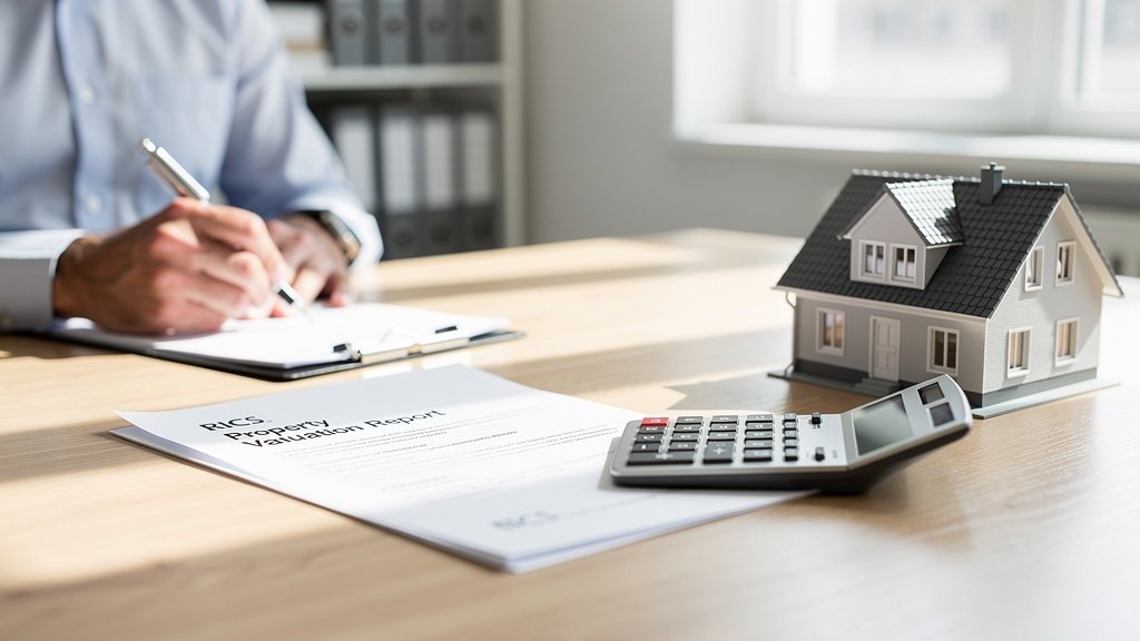 RICS property valuation report with house model on desk