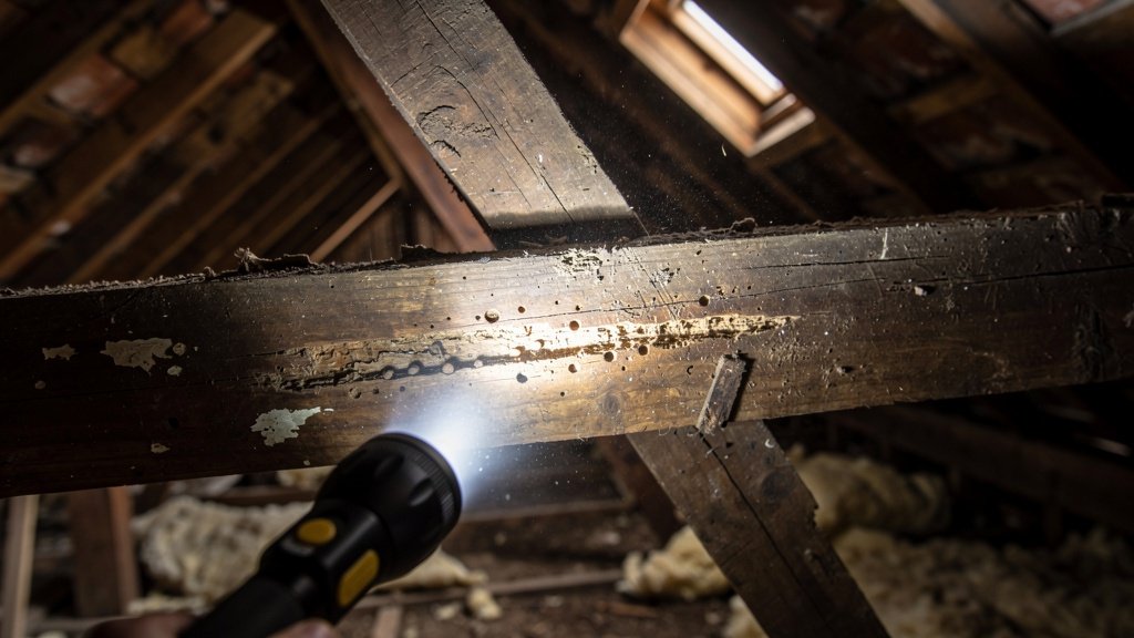 Victorian roof space with timber rafters showing signs of woodworm and decay