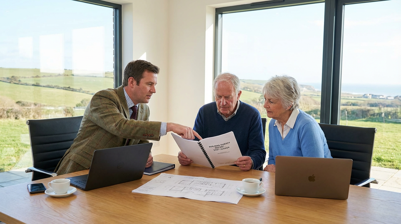 Surveyor presenting a homebuyer report to a property buyer