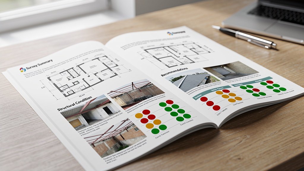 RICS survey report with condition ratings and traffic light system on desk