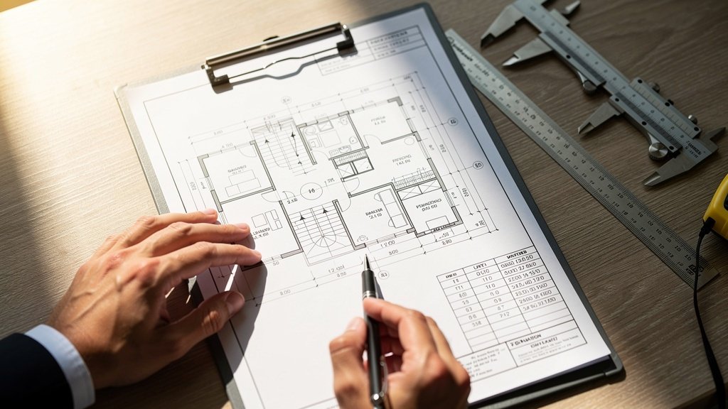 Professional surveyor reviewing building survey documents and reports